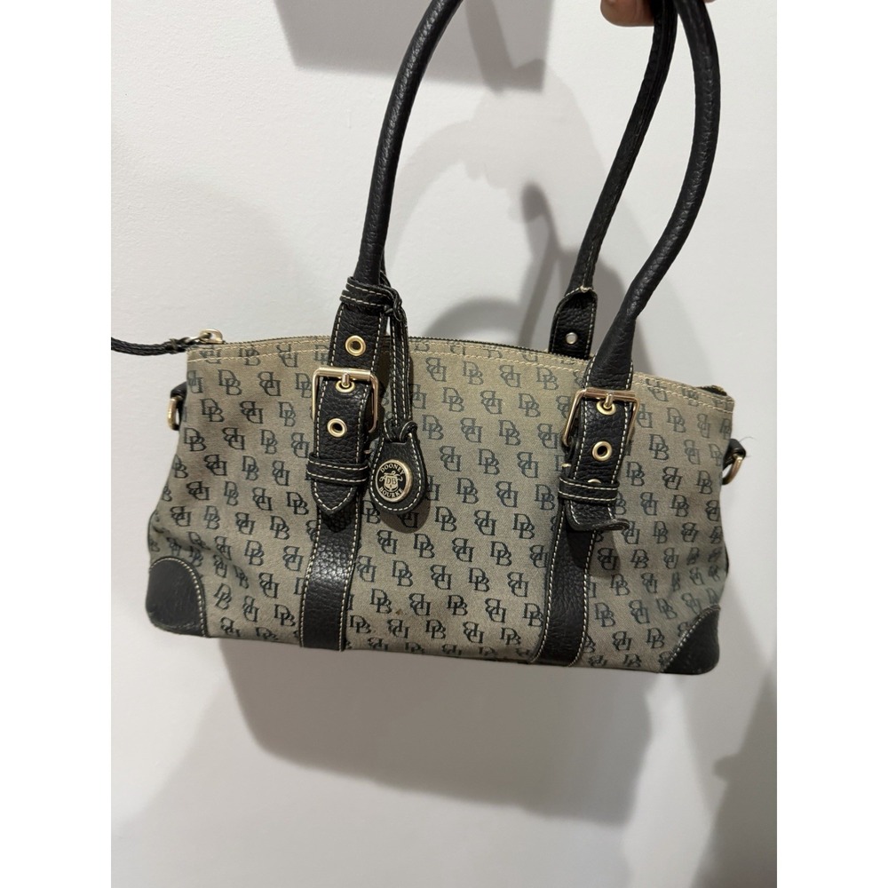 Vintage Dooney & Bourke Purse Gray Canvas, Navy BlackLeather Accents DB Logo Y2K - Picture 1 of 16